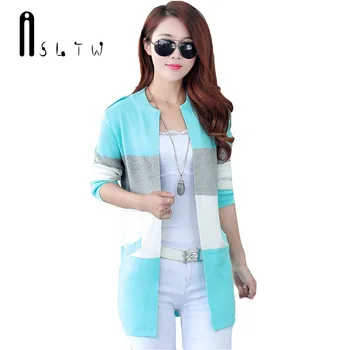 

ASLTW Female Cardigan Spring And Autumn Long Knitted Spell Color Stripe O Neck Slim Thin Coat Plus Size Sweater Women