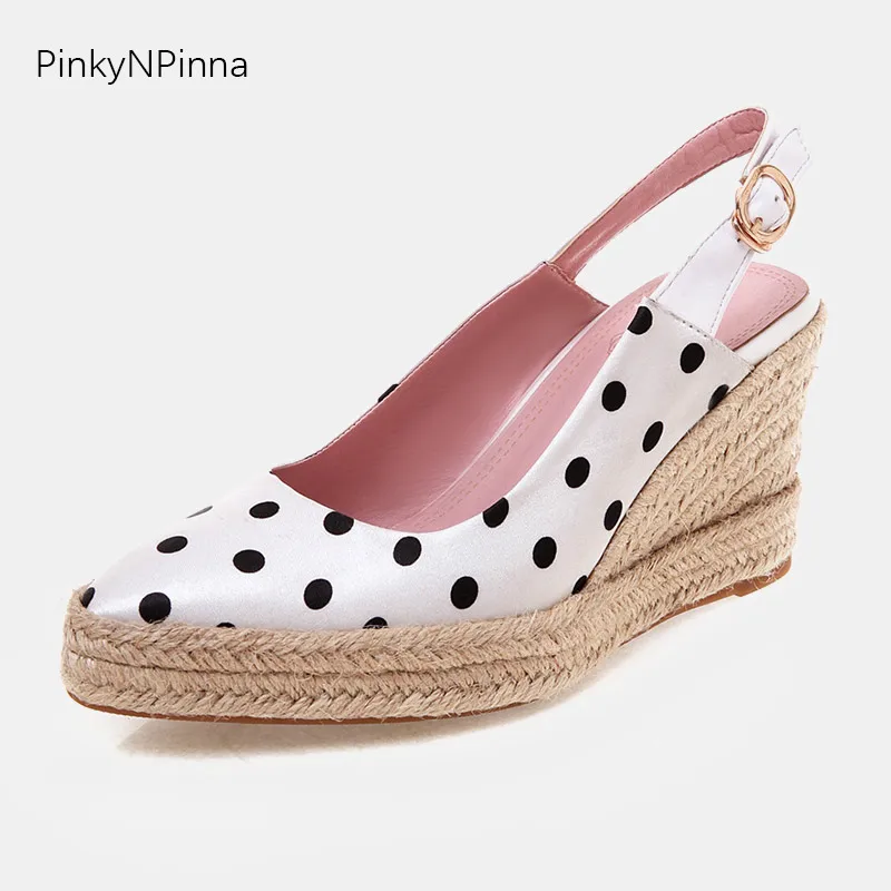 

women black white dots hemp heels super high platform slingback wedge pumps ladies preppy fashion dress party shoes plus size