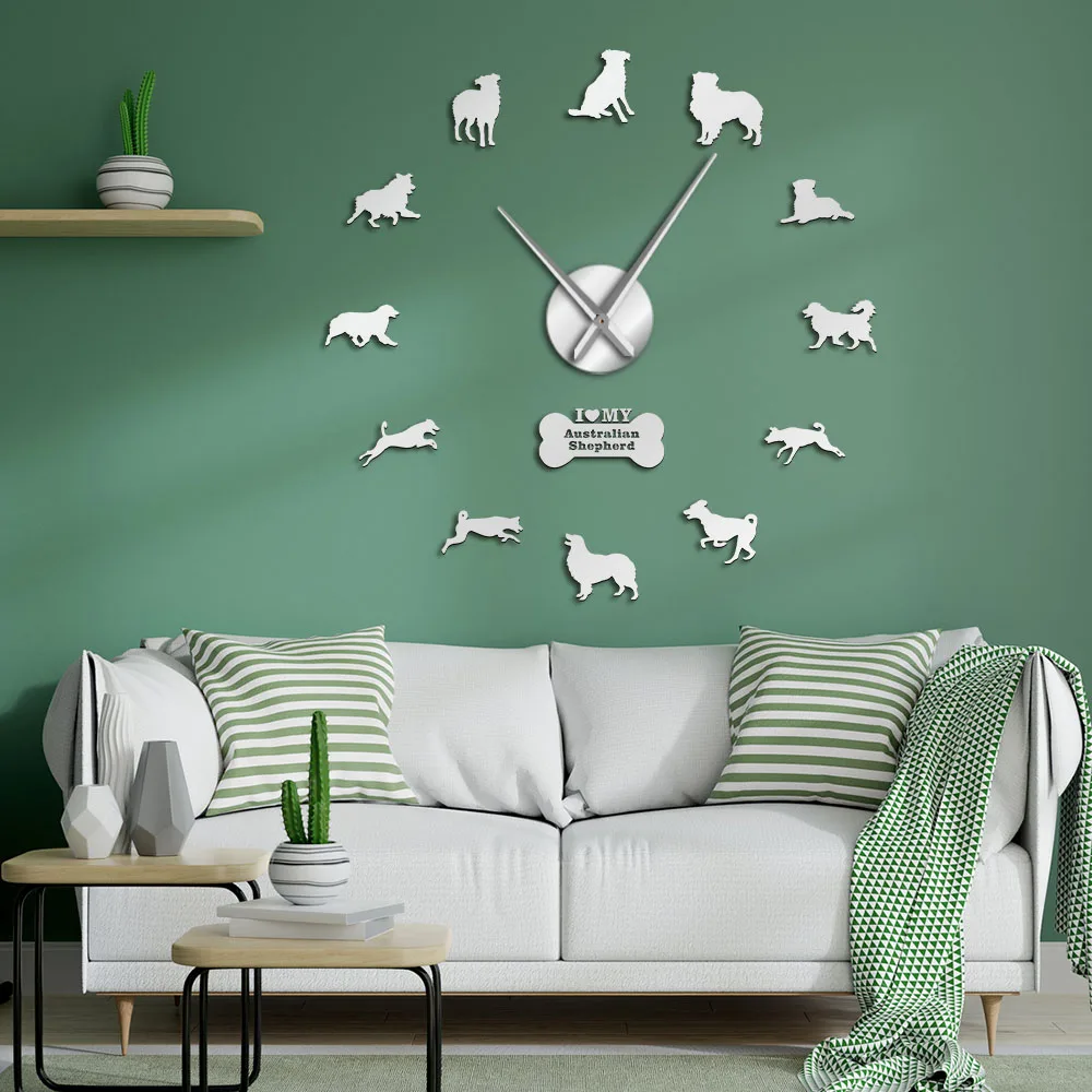 Aussie Australian Shepherd Dog Sheepdog Frameless Acrylic Mirror Stickers Decor DIY Big Wall Clock Australian Large Wall Clock