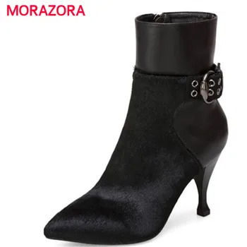 

MORAZORA 2018 new fashion thin heel genuine leather boots pointed toe high heel women's boots zipper ankle boots size 33-43