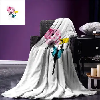 

Flowers Throw Blanket Artistic Illustration of a Woman Portrait with Butterfly Wings and Blooming Flowers Warm Microfiber