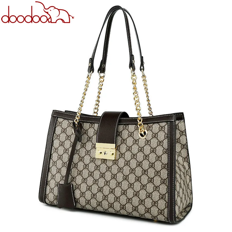 

DOODOO 2019 New Women Message Bag PuHigh-quality Fashion Portable bag Chain Large capacity chain Tote Bag designer bags