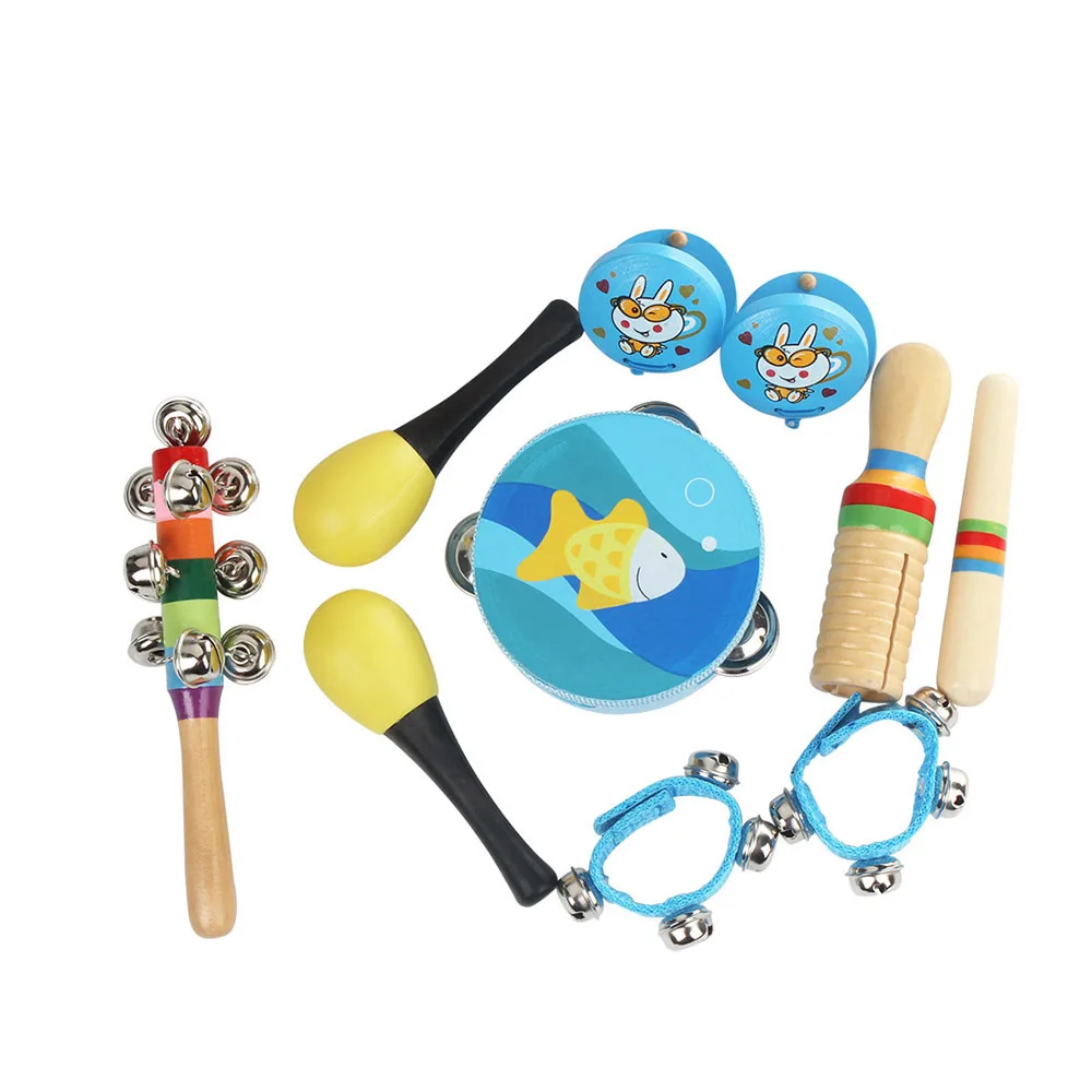 10 pz/set tapparello marejcastanetti Handbells Guiro Set strumento a percussione banda ritmo Kit per giocattolo musicale per bambini