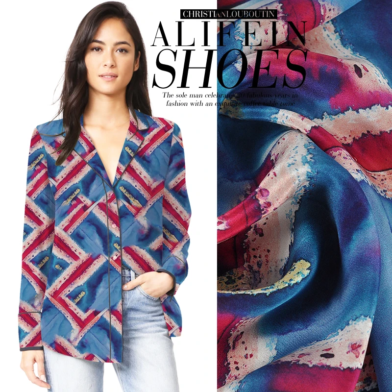 

Watercolor Red and Blue Geometry Crepe De Chine Silk Fabric for Dress,shirt,skirt Width 53inch/135cm 12MM