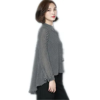 

2019Fashion Striped Notched Chiffon Women Spring Batwing Sleeve Medium-Long Blouse Female Thin Slim Outerwear Casual BlouseCQ883