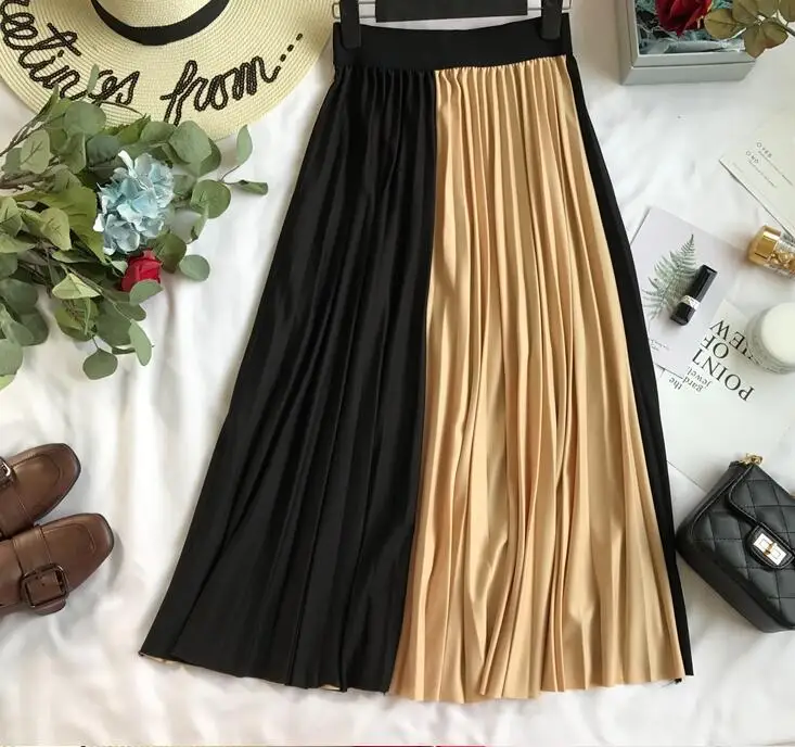 khaki Весенне-летняя женская контрастная цветная Женская плиссированная юбка летняя эластичная повседневная юбка с высокой талией TB1321 - Цвет: khaki