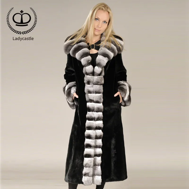 

Winter X-Long Real Chinchilla Rex Rabbit Fur Coat From Natural With Big Turn-down Collar Down Coat Real Fur Jacket Rabbit RB-047