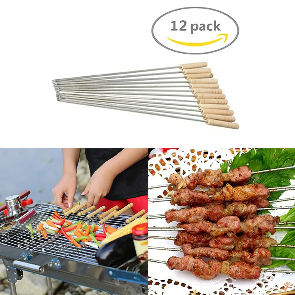 12Pcs Stainless Steel BBQ Skewers Grill Kebab Needles Stick Wooden