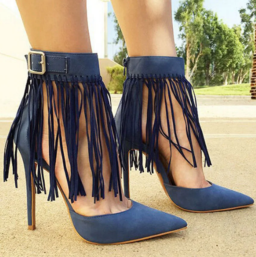 

Free Shipping Elegant Pointed Toe Blue Fringed High Heels Charming Ankle Buckle Dress Shoes