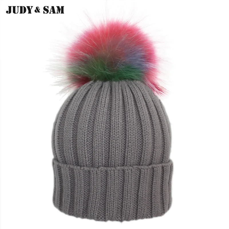 Rainbow Real Fur Pom Pom Stripped Knitted Hat Raccoon Fur Ball Chrochet ...