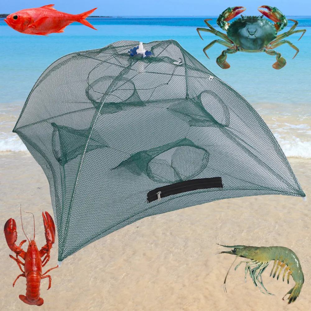 

80cm 4 / 6 hole Nylon Foldable Fishing Bait Net Trap Cast Dip Cage Crab Fish Minnow Crawdad Shrimp Green Folding Catching Nets