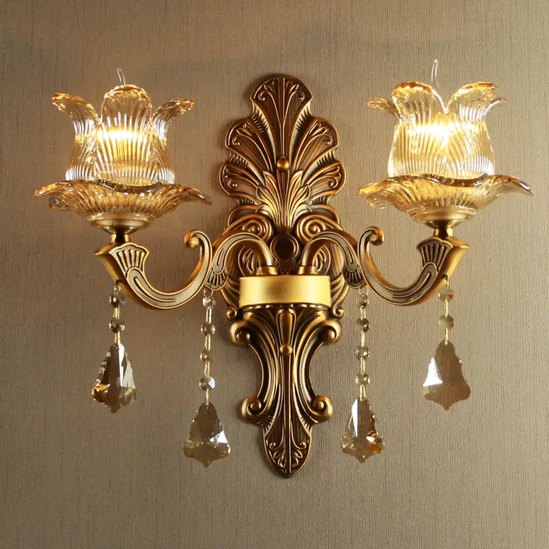 All Copper Living Room Retro Wall Lamp Bedroom Creative Candle Crystal Lamp Corridor Lamp antique bronze wall lights led