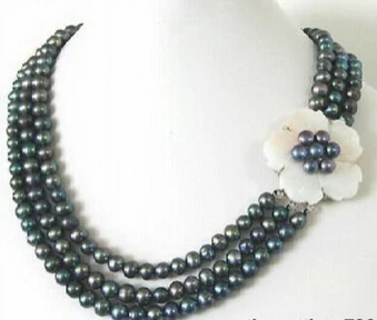 

bjc 000878 3 Rows Real Black Pearl & White Shell Flower 18KWGP Clasp Necklace