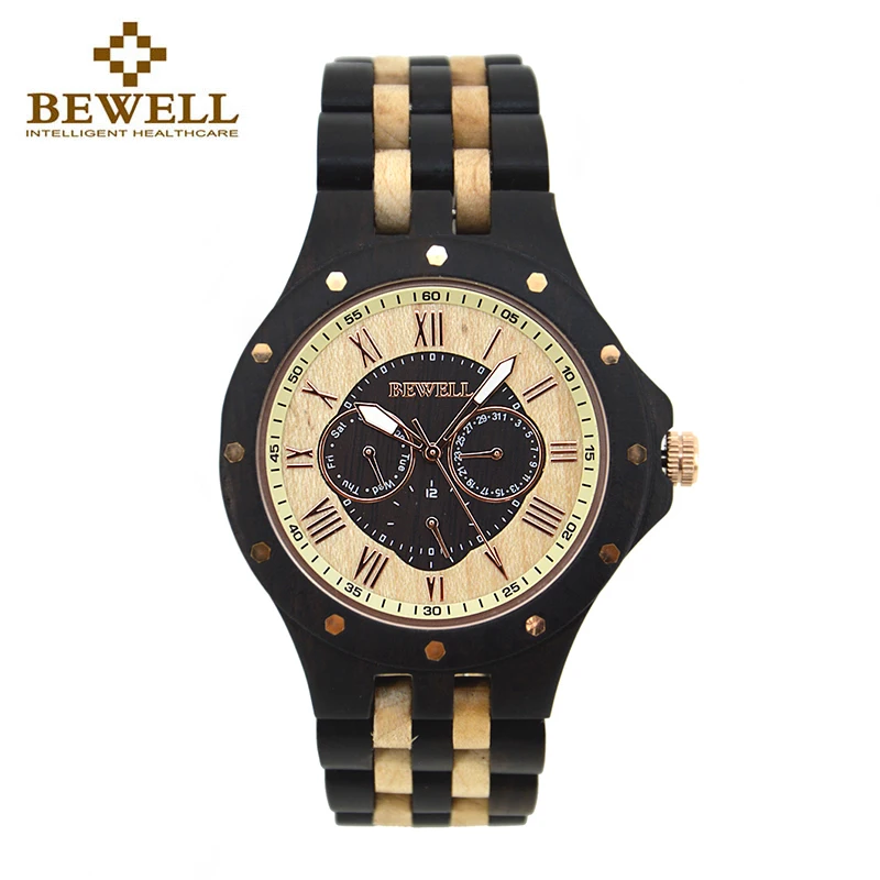 Comprar BEWELL 116C Multi función de reloj de madera caja redonda con calendario completo semana relojes para hombre marca de lujo Relojes