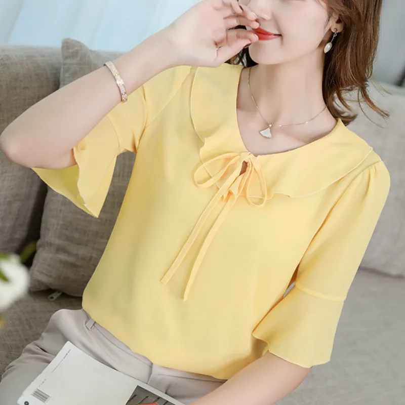 

Korean Womens Chiffon Blouse Elegant Office Ruffles Tie Neck Half Sleeve Slim Shirts Summer Blouse 2019 Sweet Pink Top Blusas