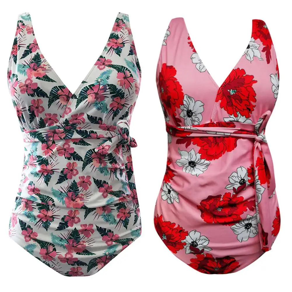 

Pregnant Women's V - Neck Swimsuit Large Size Flowers Sexy Lace Swimming Beach One - Piece Women Maternity Bathing Suit