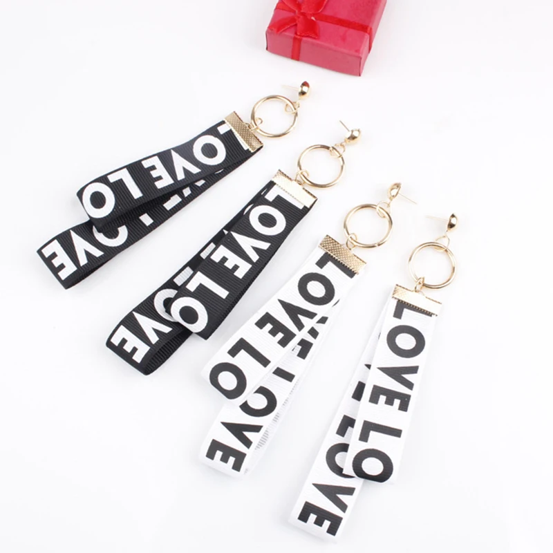 

Personality English Letter LOVE Iron Ring Earrings Cloth Long Section Asymmetrical Geometric Earrings for Women Gift 2018 New