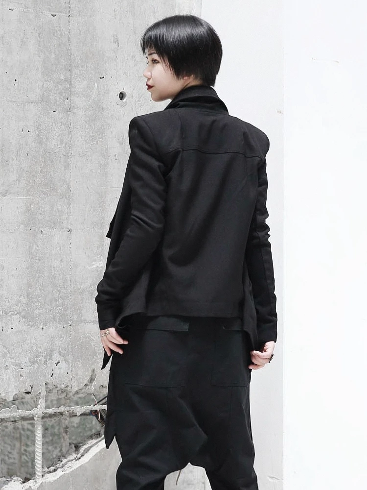 Greatest  [EAM] 2020 New Spring Stand Collar Long Sleeve Black Zipper Split Joint Irregular Jacket Women Coat