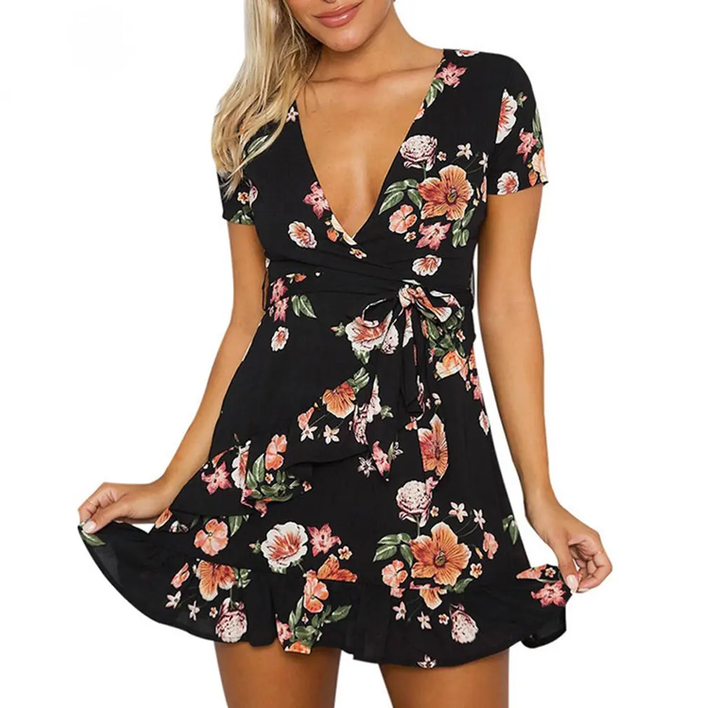

2019 Summer Bohemian Style Sexy Deep V Black Flowers Print Women Dress Casual Short Sleeve Boho Fashion Beach Dresses