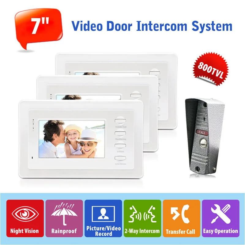 

7" Manual Button Built-in Memory Color Monitor*3 Outdoor Camera*1 Video Door Phone Intercom with Image Capture Video Recording