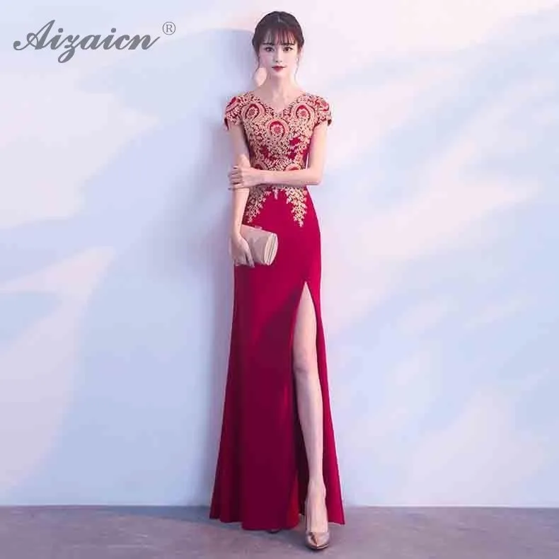 Невесты 2019 новые красные пикантные вышивка Cheongsam Русалка Длинные Qipao модные женские туфли китайский вечернее платье халат Qi Pao платья для