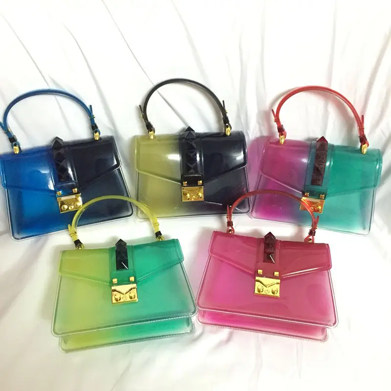 

mixtx Gradient Color Rivet Crossbody Women Beach Transparent Shoulder Messenger Bag Jelly Crystal Tote Sweet Lady PVC Handbags