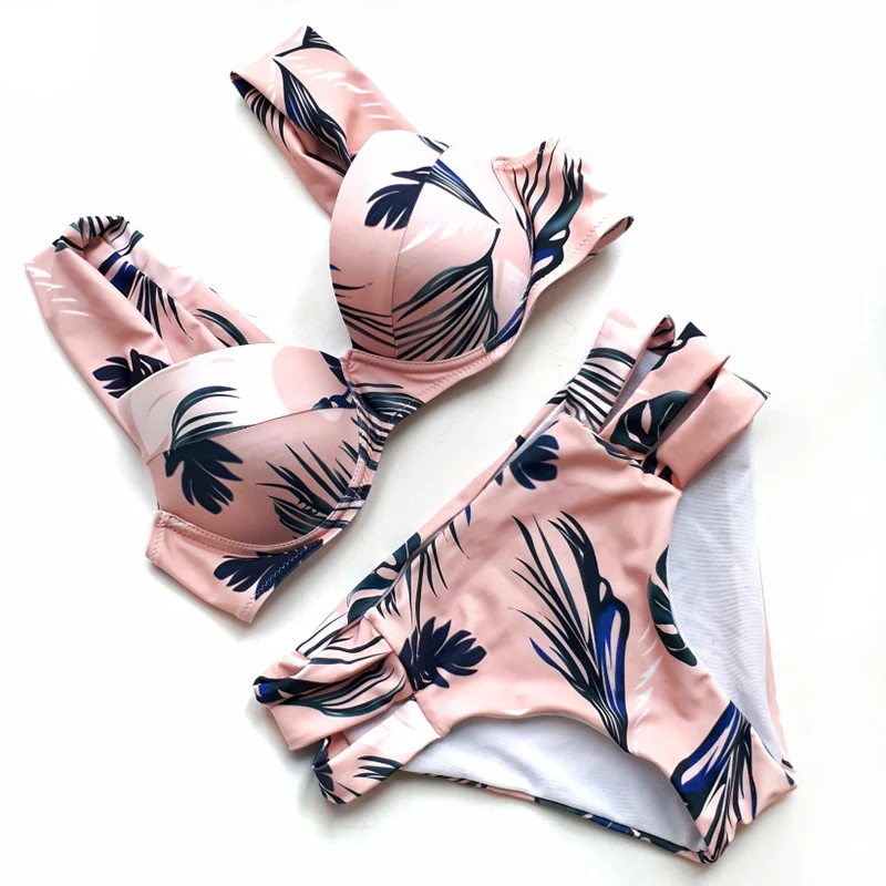 

New Push Up Bikini Women Print Mid Waist Swimsuit Sexy Hollow Out Swimwear May Beach Bathing Suit Plus Size XL Swimming Wear