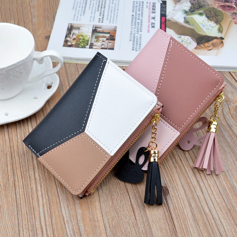 Oeak Wallet Short Women Wallets Zipper Purse Patchwork Fashion Panelled Wallets Trendy Coin Purse Card Holder Leather