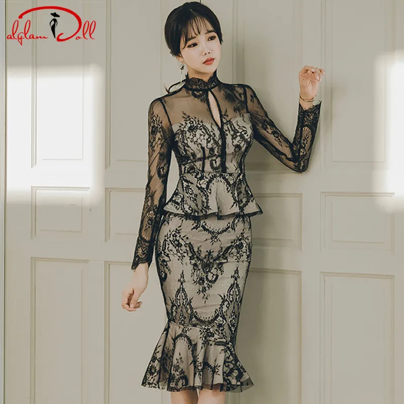 

2019 Autumn Full Lace Peplum Party Dress Black Sheath Sexy Cloth Middle Length Bodycon Pencil Midi Sexy Vestidos