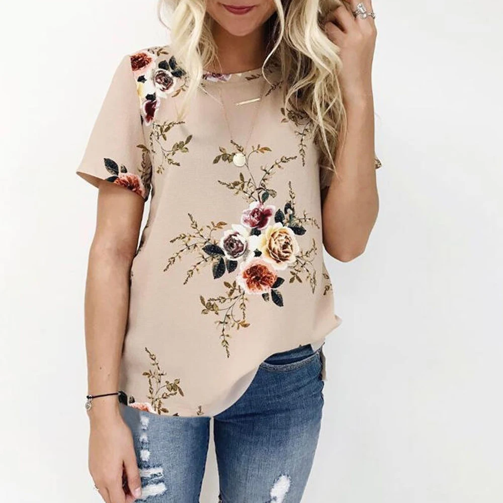 

Women Chiffon Blouse Tops Summer Fashion O Neck Short Sleeve Floral Printed Loose Chiffon Shirt Casual Oversized Print Blusas