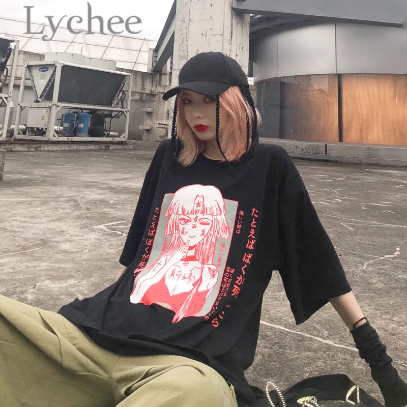 Lychee Harajuku Японская темная девушка принт Женская футболка футболки короткий рукав вырез лодочкой свободные лето весна женские футболки