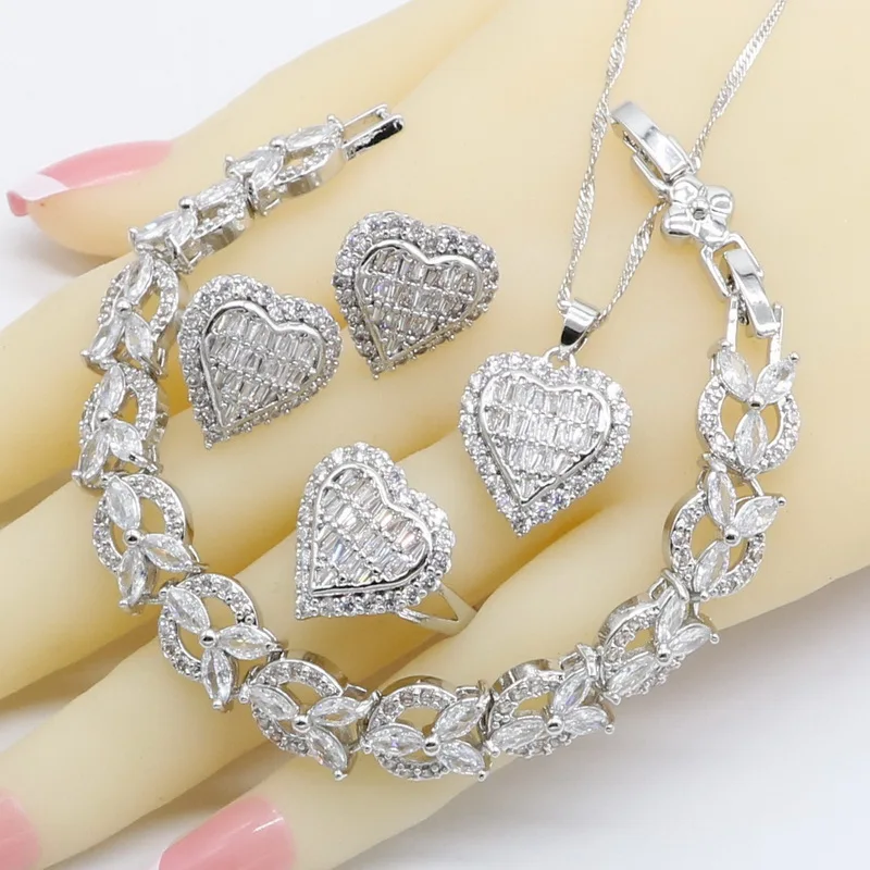 

Heart Shape Silver Jewelry Sets For Women White AAA Zirconia Earrings Bracelet Rings Necklace Pendant