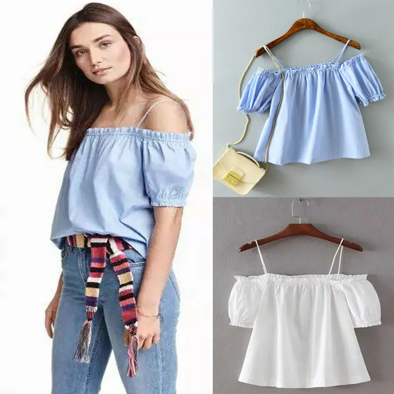 

Women Sexy Off Shoulder Tank Tops Strappy Vest Blouse Casual Loose Solid Chiffon Shirt Tops