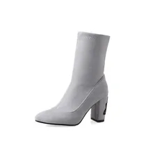 Women Ankle Boots Shoes Kid Suede Leather Pointed Toe Slip-on Ladies High Thin Heels Boots Fashion Winter Plush Sexy Boots