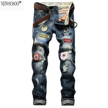 Newsosoo бренд Америка знак отверстия рваные джинсы для мужчин мода slim fit прямые проблемные джинсы masculino MJ65