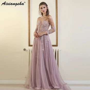 

Lilac Evening Dresses A-line 3/4 Sleeves Tulle Appliques Lace Beaded Islamic Dubai Kaftan Saudi Arabic Long Evening Gown