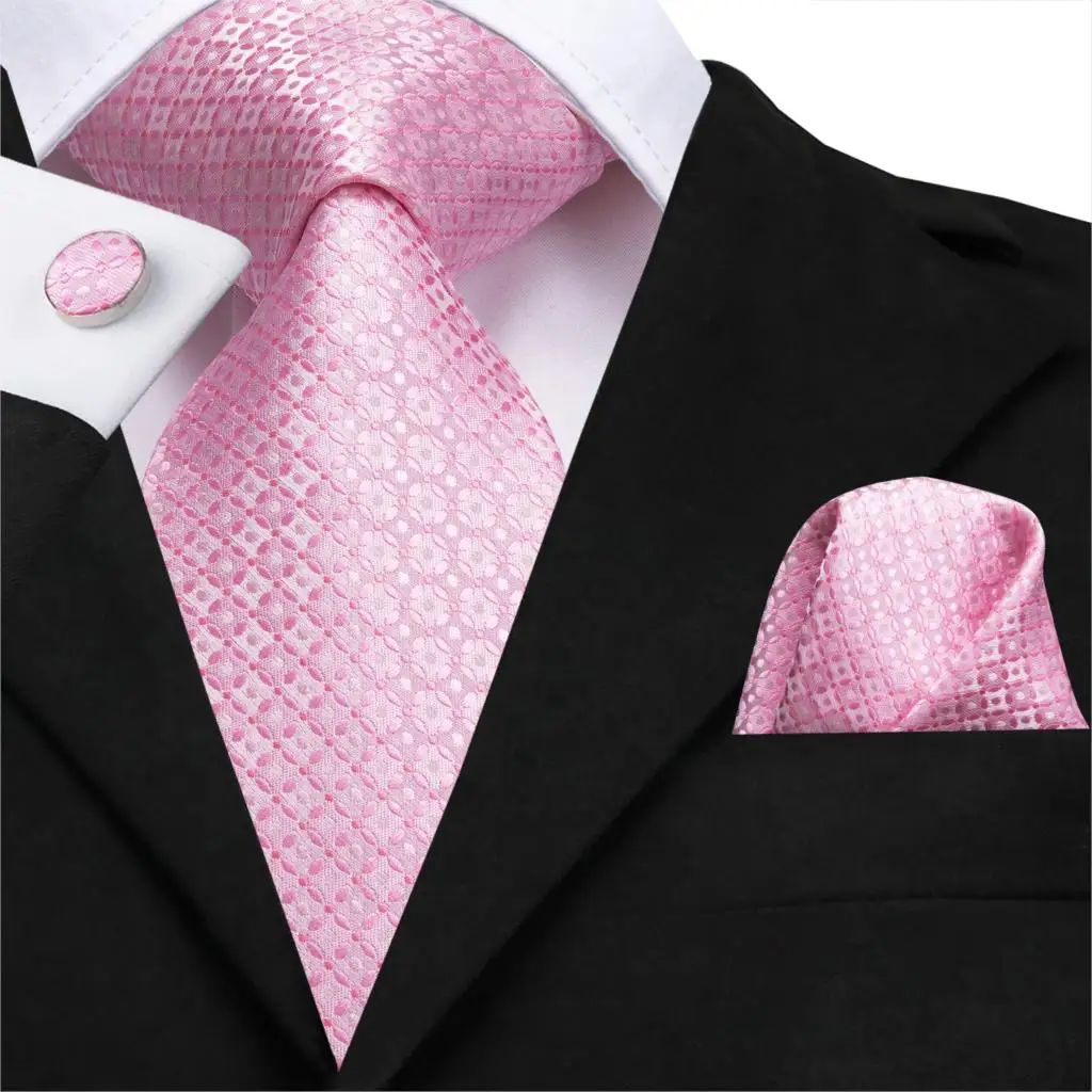 C 3117 Hi Tie Модный Шелковый мужской галстук розовый клетчатый платок запонки набор
