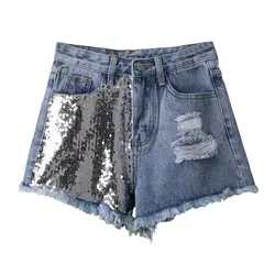 2019 женские сексуальные летние шорты с блестками и бусинами Бохо Рваные джинсовые шорты винтажные женские джинсовые мини шорты Pantalones Feminino