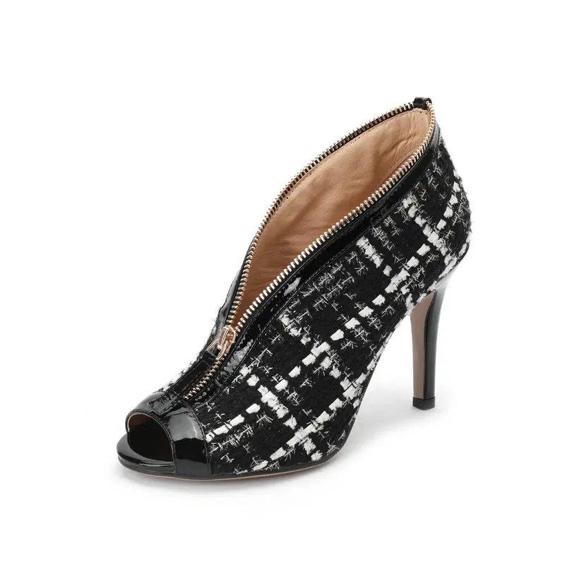 

Open Toe Women Pumps Ladies High Heels Shoes Fashion Zipper Summer Bride Party Heels Black White Inside Leather Shoes Big Size
