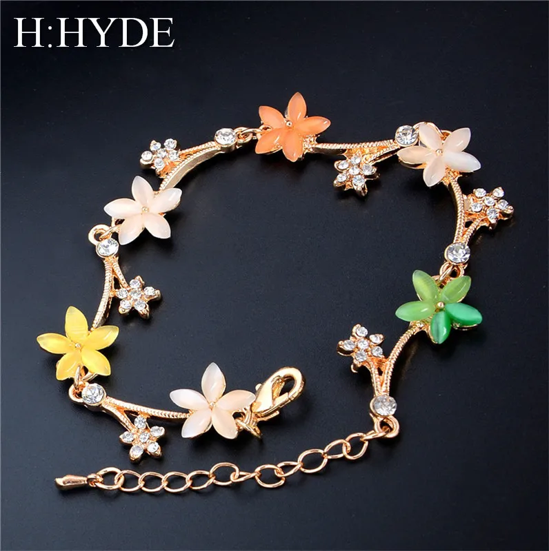 

H:HYDE Valued choice Gold Color nice colorful flower Austrian crystal women's Opal Stone Bracelet Chain Jewelry pulseira
