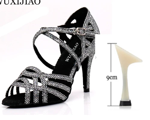 WUXIJIAO Women Party Dance Shoes Satin Shining rhinestones Soft Bottom Latin Dance Shoes Woman Salsa Dance Shoes heel5CM-10CM - Цвет: black heel 9cm