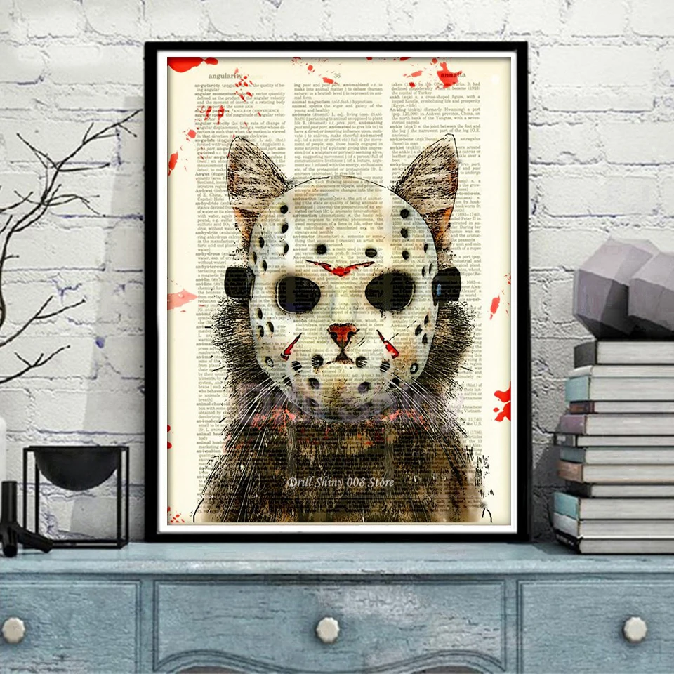 

5d diy Diamond Painting horror Cat killer, masked cat Full drilling Square Diamond Embroidery Cross stitch Home decor gifts