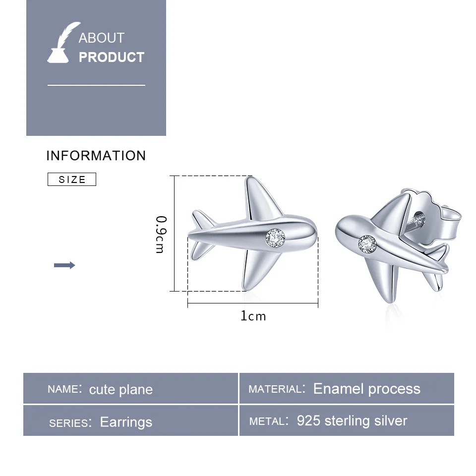 VOROCO подлинные 925 пробы серебряные милые крошечный самолет женские серьги-гвоздики для девочек CZ серебряные серьги с цирконием ювелирные изделия VSE153