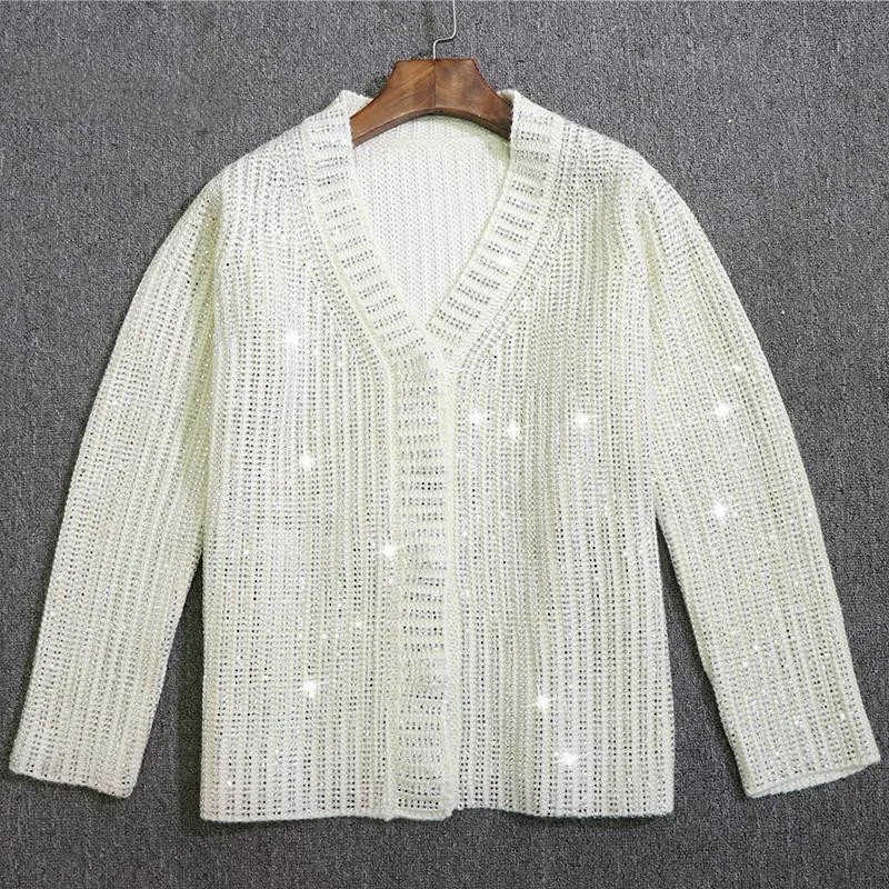

Luxury Wool Blend Women Cardigan 2019 Spring V neck BlingBling Crystals Beaded Loose Cardigan Sweater Runway Knitted Jacket Coat