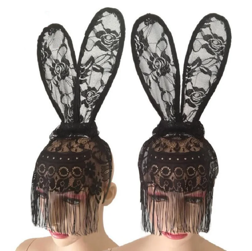 

Fashion Women Girl Hair Bands Lace Rabbit Bunny Ears Veil Black Eye Mask Halloween Party Headwear Hair Accessories For Easter