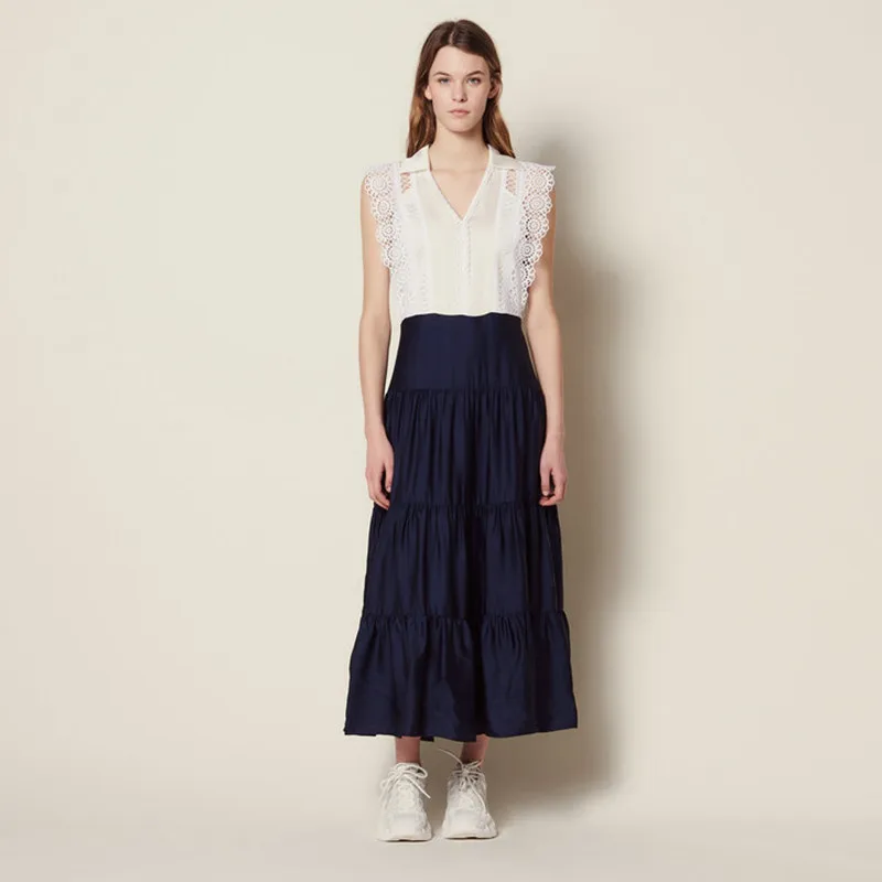 

2019 New Women Lace Patchwork Long Dress Sleeveless V Neck Summer Dress