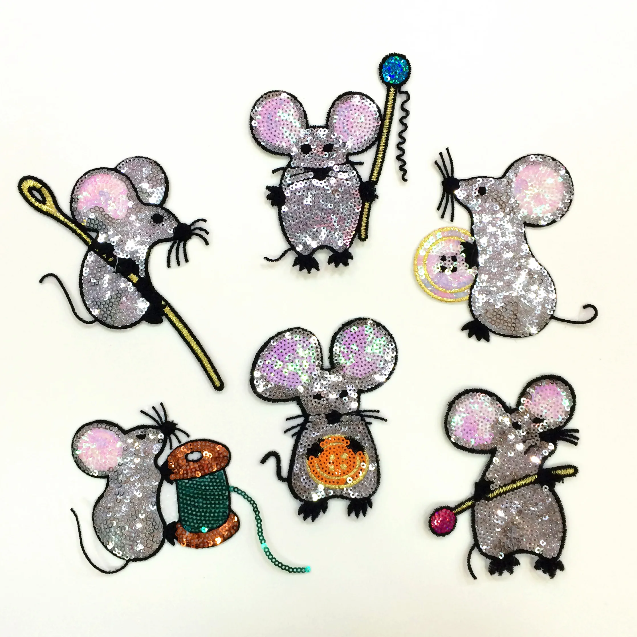 

6pcs exquisite cartoon button mouse animal small sequins dress/sweater/coat accessories sequined applique patches for clothing