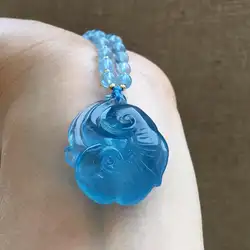 Аквамарин Ожерелье ювелирные изделия 100% натуральный синий Аквамарин резные 13,2 грамм женские Подвеска из драгоценных камней ожерелья