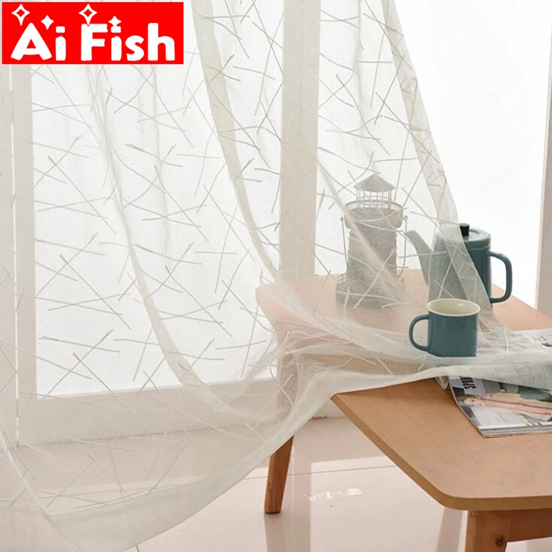 

White irregular Cotton Thread Embroidered Gauze Sheer Bay Window Curtains Tulle Window Screen Finished For Living Room MY119-40