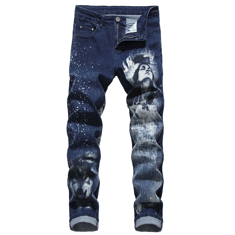 

Sokotoo Men's beauty wolf 3D printed jeans Slim painted blue stretch denim pants